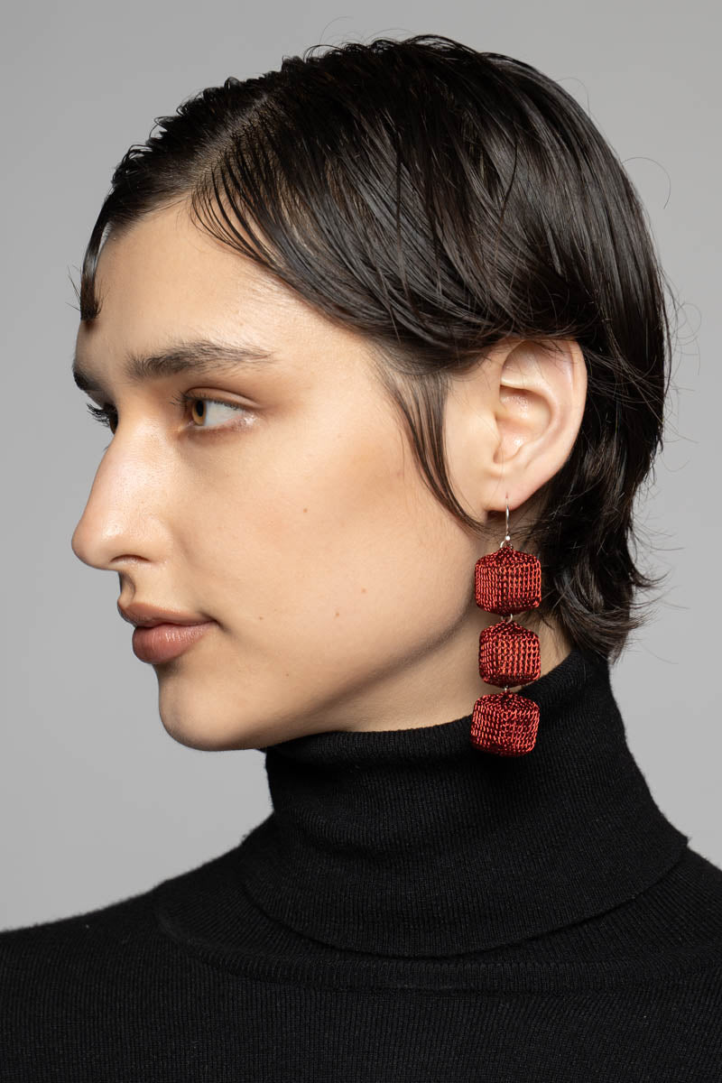 Triple Cube Earrings Maroon