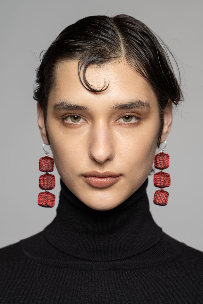 Triple Cube Earrings Maroon